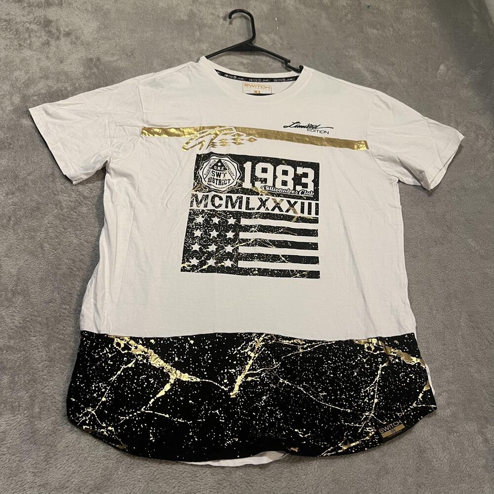 Switch Remarkable Shirt Mens Extra Large White Black Gold Graphic Longline